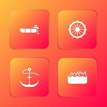 Set Inflatable boat with motor, Ship steering wheel, Anchor and Sharp stone Stock Illustration
