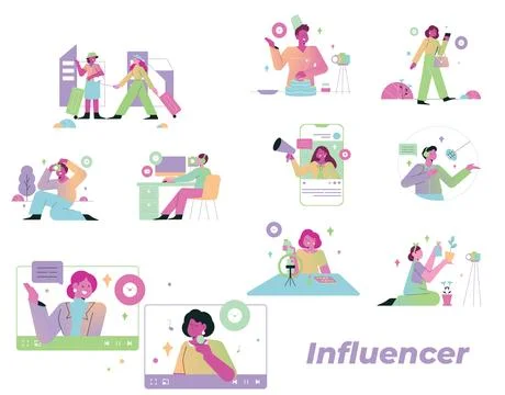 Set of influencer and content creation vector illustration Stock Illustration