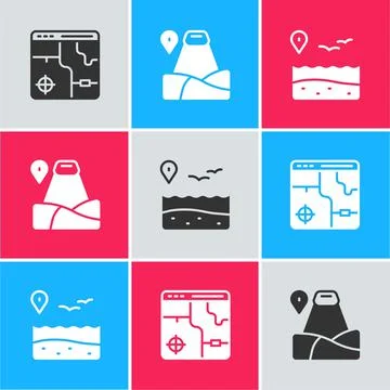 Set Infographic of city map, Location with mountain and beach icon. Vector Illustrazione stock