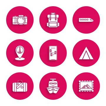 Set Infographic of city map navigation, Ship, Postal stamp and Egypt pyramids Ilustração Stock