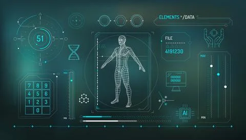 Set of infographic elements about DNA research and digital technologies. Illustrazione stock