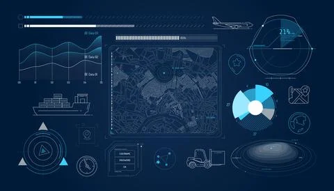 Set of infographic elements about geolocation and cargo transportation. Illustrazione stock