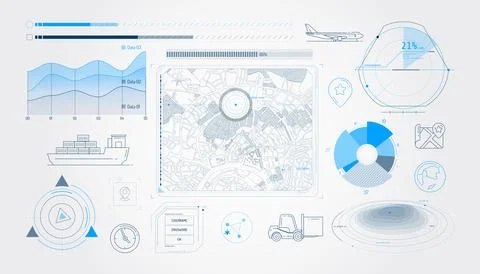 Set of infographic elements about geolocation and cargo transportation. Illustrazione stock