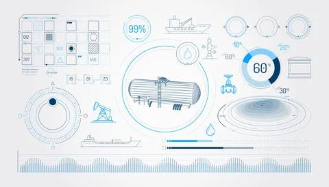 Set of infographic elements about oil storage and transportation. Illustrazione stock