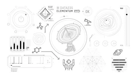 Set of infographic elements about radio astronomy and space observation. Illustrazione stock