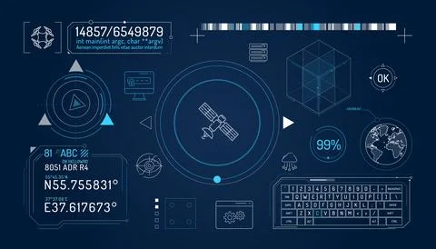 Set of infographic elements about satellite and quadcopter data protection. Illustrazione stock