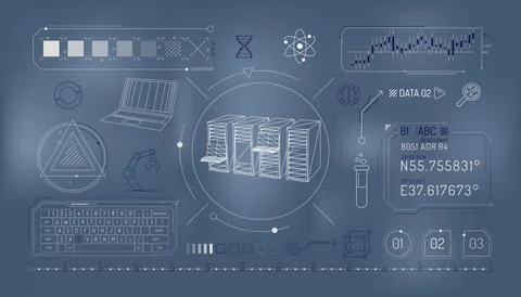 Set of infographic elements about scientific data storage. Stock Illustration