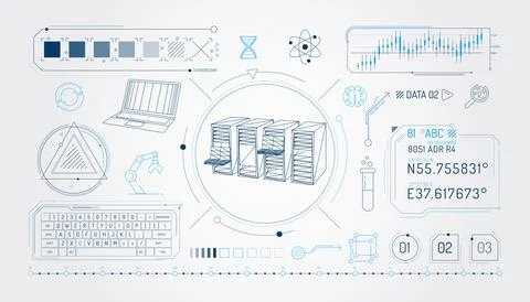 Set of infographic elements about scientific data storage. Stock Illustration