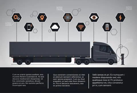 Set Of Infographic Elements With Modern Semi Truck Trailer Charging At Electic Stock Illustration