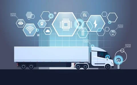 Set Of Infographic Elements With Modern Semi Truck Trailer Charging At Electic Stock Illustration