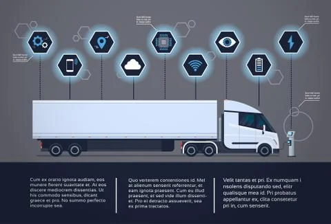 Set Of Infographic Elements With Modern Semi Truck Trailer Charging At Electic Stock Illustration
