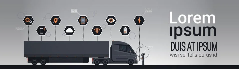 Set Of Infographic Elements With Modern Semi Truck Trailer Charging At Electi Stock Illustration