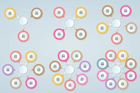 Set of Infographic template of step or workflow diagram 3-8 steps Stock Illustration