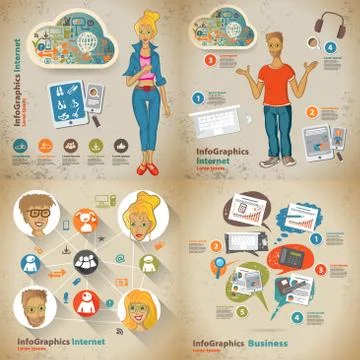 Set infographic on the topic of digital technology in vintage st Stock Illustration