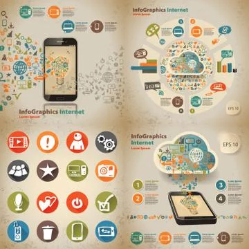 Set infographic on the topic of digital technology in vintage st Stock Illustration