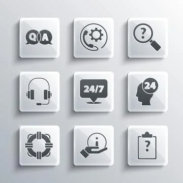 Set Information, Clipboard with question marks, Support operator in touch, Clock Stock Illustration