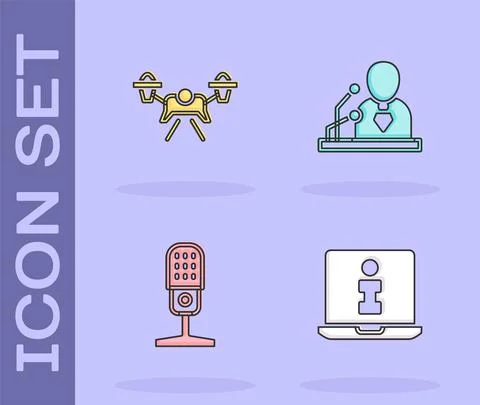 Set Information, Drone, Microphone and Breaking news icon. Vector 库存插图