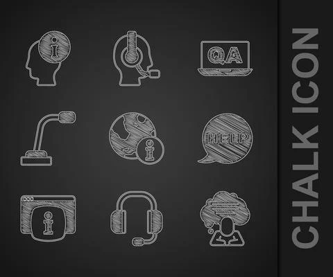 Set Information, Headphones, Speech bubble chat, with text Help, Monitor FAQ Stock-Illustration
