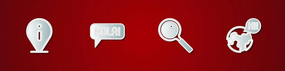 Set Information, Hola in different languages, Magnifying glass and Learning.. Stock Illustration