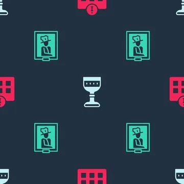 Set Information, Medieval goblet and Portrait in museum on seamless pattern Illustrazione stock