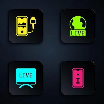 Set Information, Mobile recording, Live report and . Black square button. Vector Stock Illustration