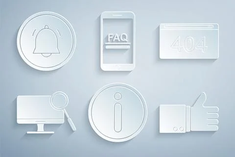 Set Information, Page with 404 error, Computer monitor diagnostics, Hand thumb Stock Illustration