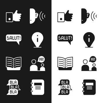 Set Information, Salut in different languages, Hand like, Ear listen sound .. Stock Illustration