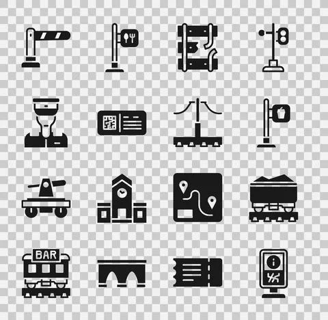 Set Information stand, Coal train wagon, Cafe restaurant location, Broken rails Stock Illustration
