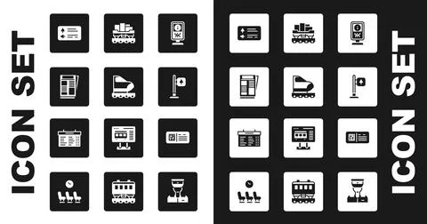 Set Information stand, High-speed train, News, Road traffic signpost, Cargo Stock Illustration