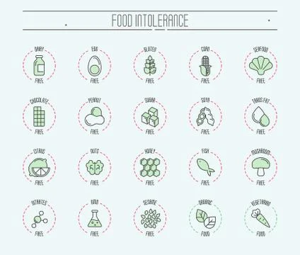 Set of ingredient warning label icons. Food intolerance. Common allergens Stock Illustration