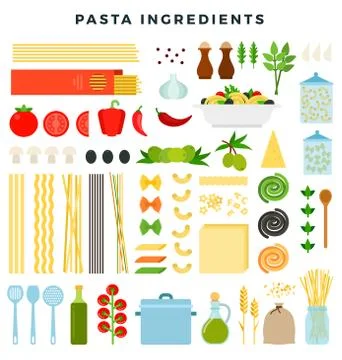 Set of ingredients for making pasta. Different forms of pasta, products and Stock Illustration