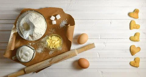 A set of ingredients for making shortbread dough for cookies. Stock Photos
