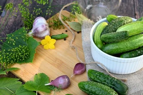 A set of ingredients for pickling cucumbers, pickled cucumbers, brine. Stock Photos