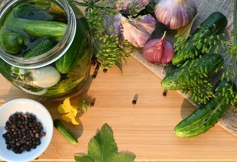 A set of ingredients for pickling cucumbers, pickled cucumbers, brine. Stock Photos