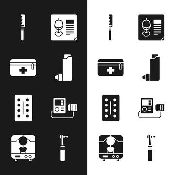 Set Inhaler, First aid kit, Medical saw, X-ray shots, Pills in blister pack,  Stock Illustration
