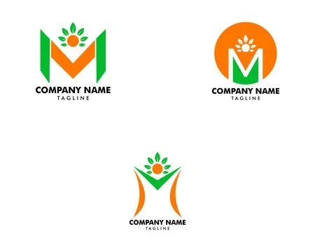 Set of Initial Letter M Logo With People and Leaf Shape, Initial Letter M F.. Stock Illustration