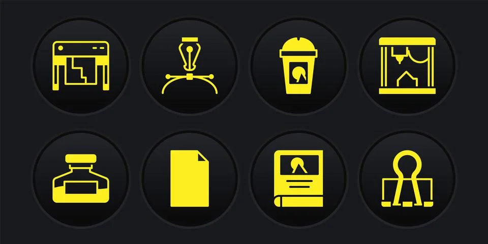 Set Ink bottle, 3D printer, Empty document, Photo album gallery, Coffee cup go Stock Illustration