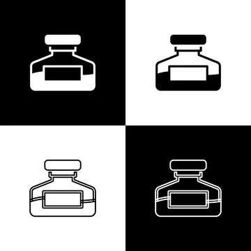 Set Ink bottle icon isolated on black and white background. Calligraphy suppl Stock Illustration