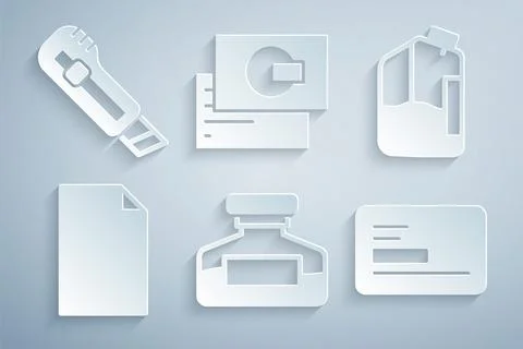 Set Ink bottle, Printer ink, Empty document, Business card, and Stationery knife Stock Illustration