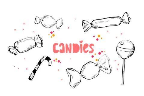 Set of ink drawing candy. illustration in vintage engraved style. isolated on Stock Illustration