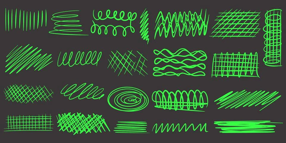 Set ink lines, hatching, waves, zigzags, and swirls in neon green Ilustração Stock