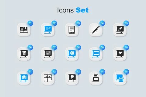 Set Inkwell, Books about programming, Translator book, Photo album gallery,.. Illustrazione stock