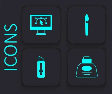 Set Inkwell, Computer with design program, Paint brush and Stationery knife.. イラスト素材