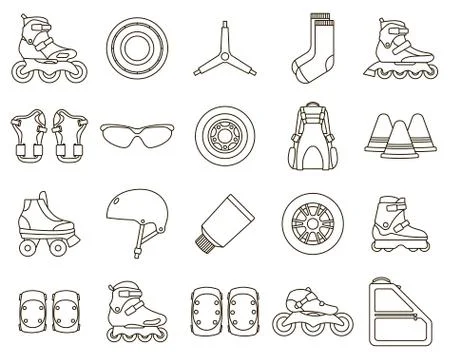 Set of Inline Roller Skates and accessories icons isolated on white background Stock Illustration