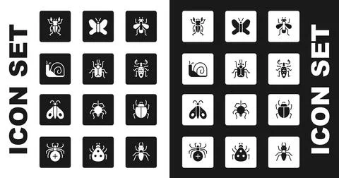 Set Insect fly, Beetle bug, Snail, deer, Butterfly, Mite and icon. Vector Stock Illustration