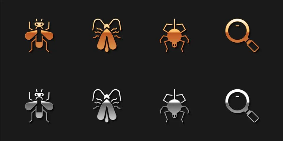 Set Insect fly, Clothes moth, Spider and Magnifying glass icon. Vector Stock Illustration