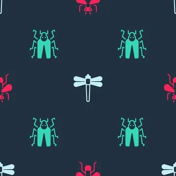 Set Insect fly, Dragonfly and Beetle bug on seamless pattern. Vector Illustrazione stock