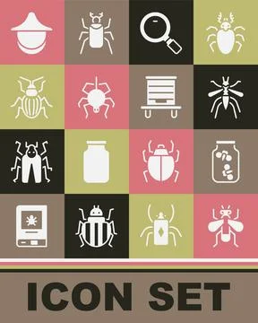 Set Insect fly, Fireflies bugs in a jar, Mosquito, Magnifying glass, Spider Ilustración de archivo