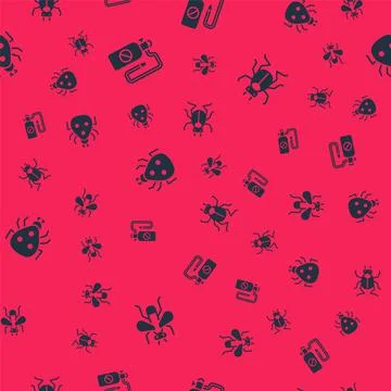 Set Insect fly, Pressure sprayer, Ladybug and Beetle on seamless pattern. Vector Stock Illustration