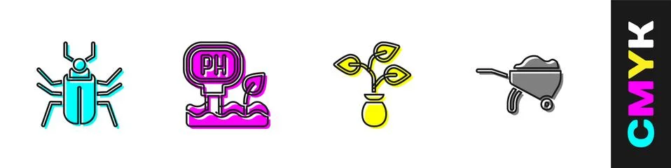 Set Insect fly, Soil ph testing, Plant and Wheelbarrow with dirt icon. Vector Stock Illustration